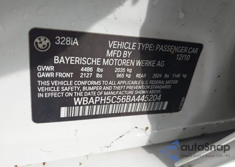 2011 BMW 328I from USA, damaged, VIN WBAPH5C56BA445204